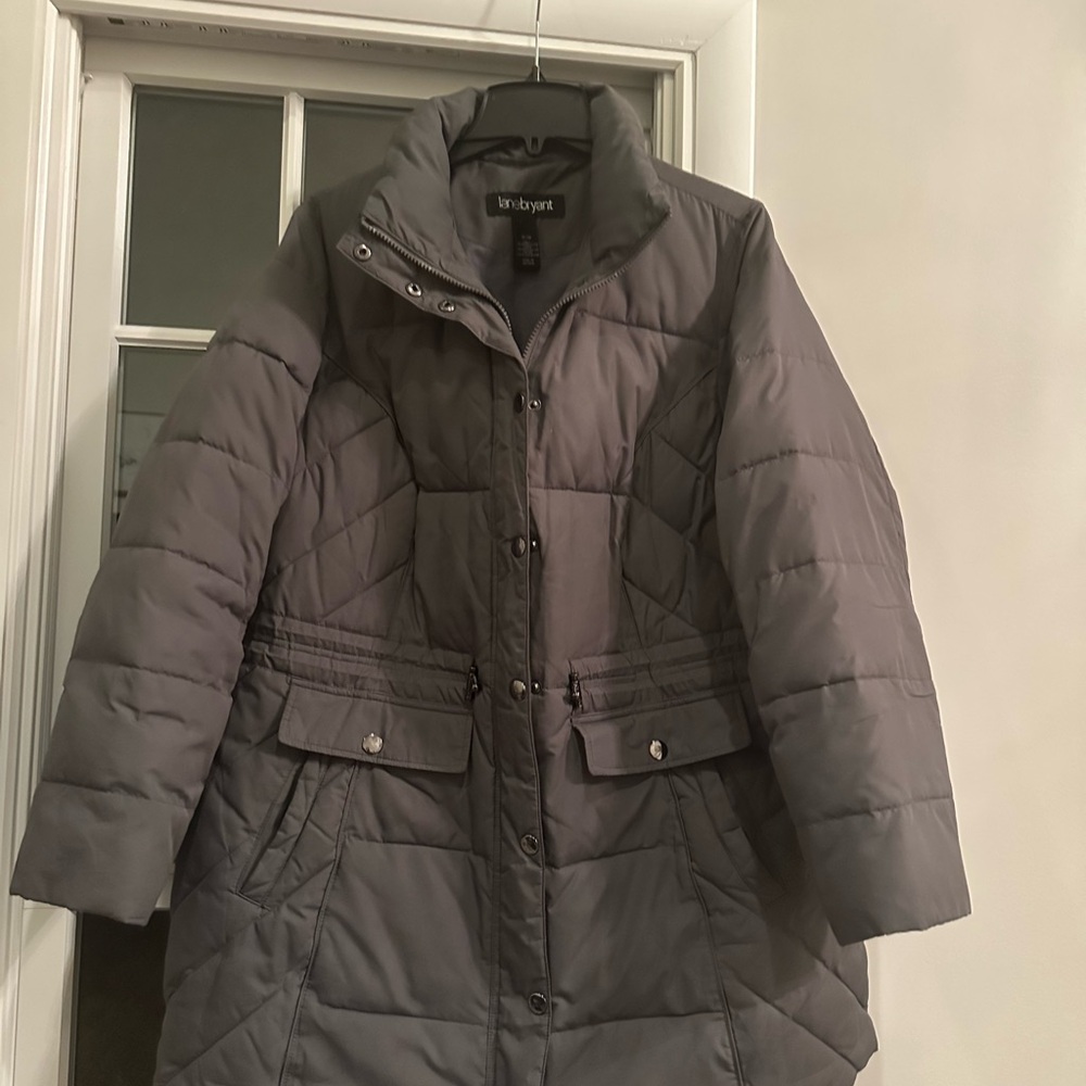 Lane Bryant Gray Long Puffer Coat with High Collar and Quilted Design